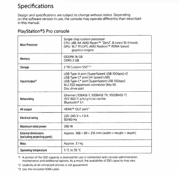 sony ps5 pro official specs