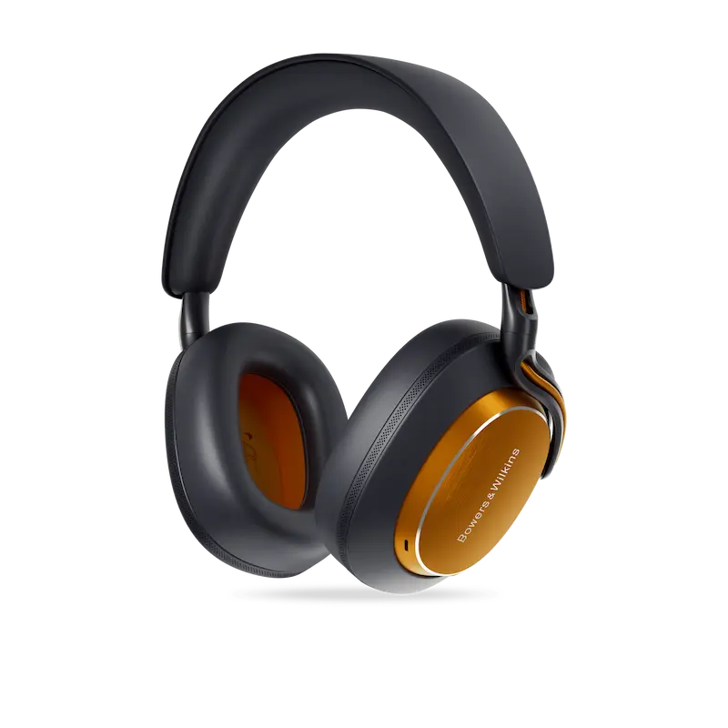 Casque audio moderne noir et orange, élégant.